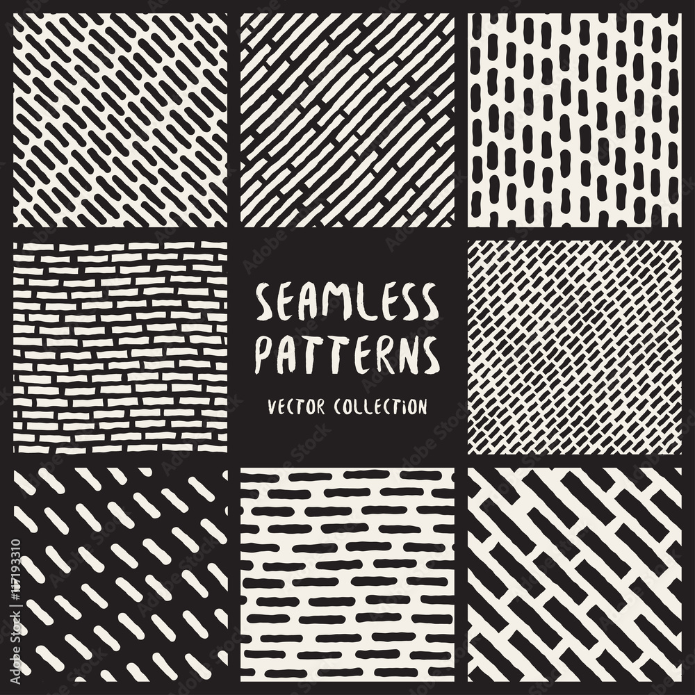 Set of Eight Vector Seamless Black and White Hand Drawn Jumbl Lines Patterns Set of Eight Vector Seamless Black and White Hand Drawn Jumbl Lines Patterns