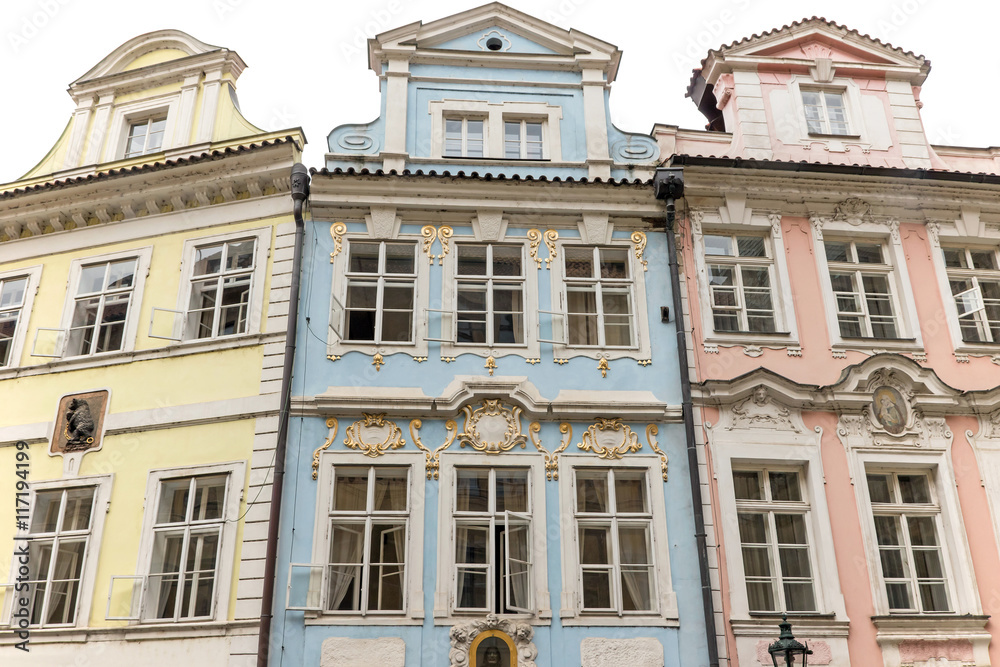Front view of colorful houses in the historic center of Prague.