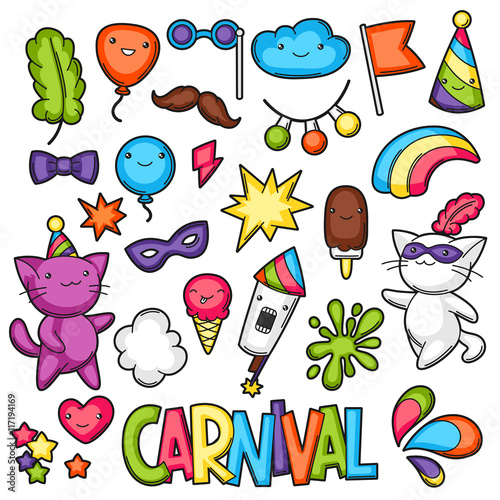 Carnival party kawaii set. Cute cats, decorations for celebration, objects and symbols