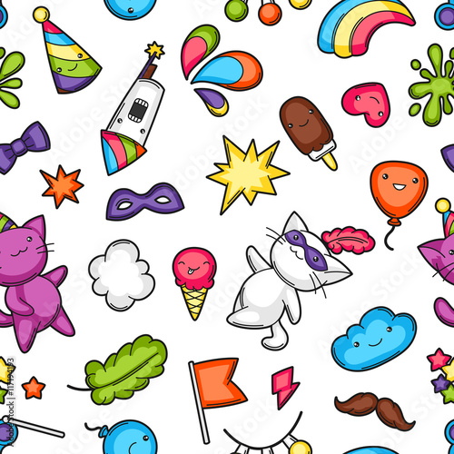 Carnival party kawaii seamless pattern. Cute cats, decorations for celebration, objects and symbols