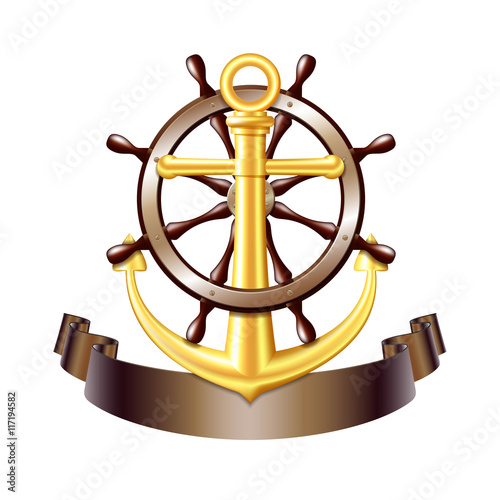 Nautical emblem with golden anchor, vector