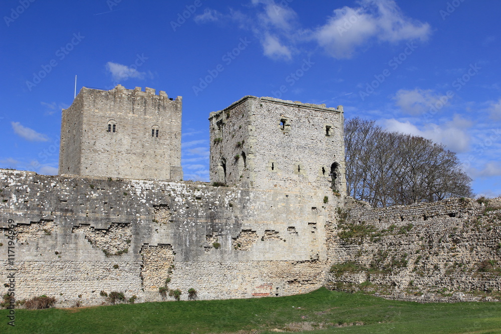 PORTCHESTER, HAMPSHIRE, ENGLAND, 30 MAR 2015: Portchester Castle is a medieval castle built within a former Roman fort at Portchester to the east of Fareham