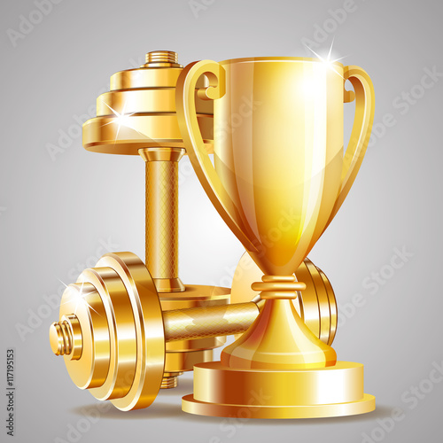 Gold cup with golden realistic dumbbells.