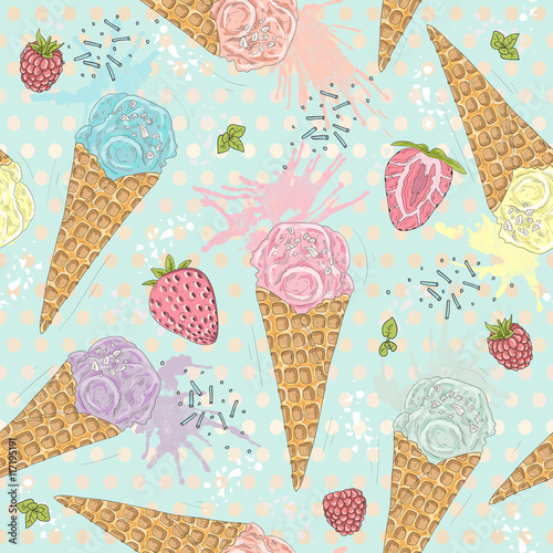 Cute seamless pattern with ice creams, strawberries and raspberr