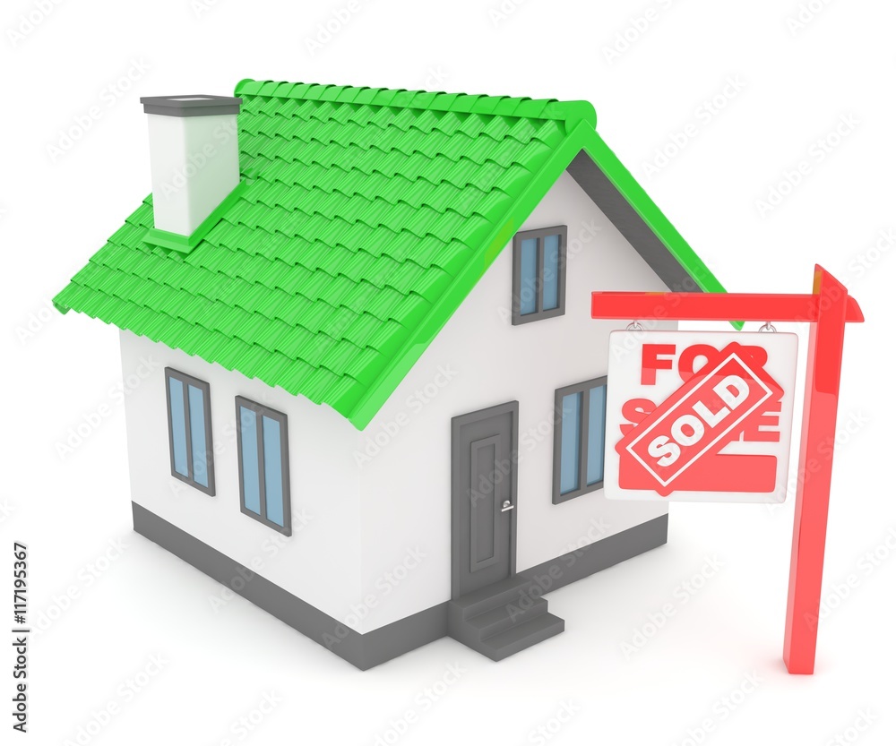 Isolated model of house with sign for sale sold. Concept of real estate, new apartment and moving to a new house. 3D rendering. Isolated model of house with sign for sale sold. Concept of real estate, new apartment and moving to a new house. 3D rendering.