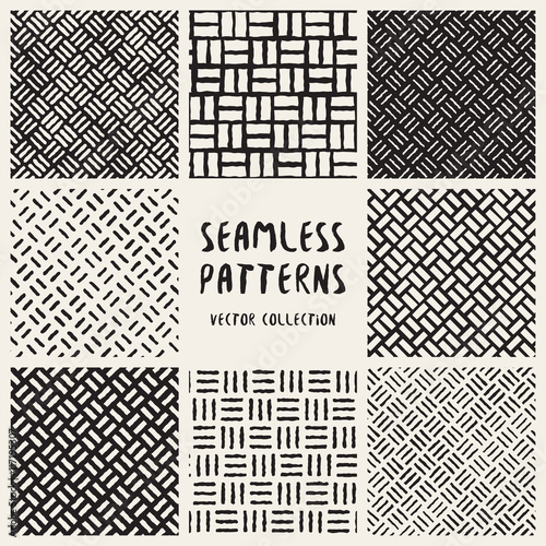 Set of Eight Seamless Black and White Hand Drawn Diagonal Lines Geometric Patterns Collection