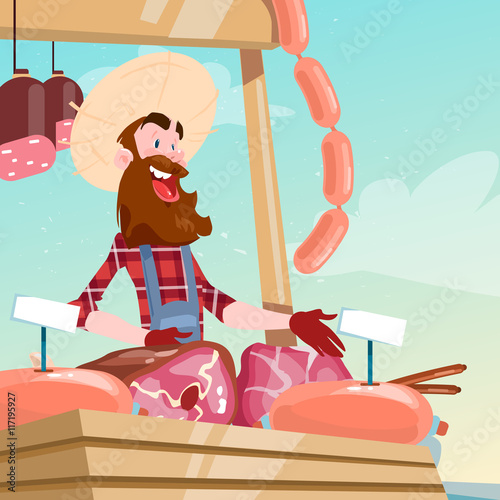 Farmer Sell Pork Meat Products On Eco Farm Organic Market