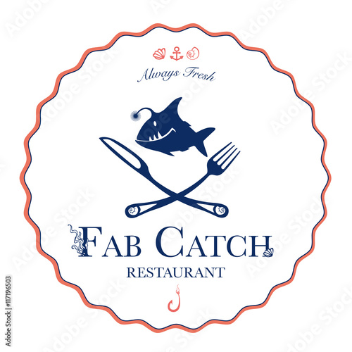 Seafood restaurant and seafood menu identity - Pirate style logo with anglerfish. Vector Illustration