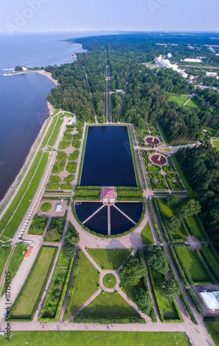 Aerial panoramic view of Petergof with Marli palace, in Saint-Petersburg Russia, at summer time  photo