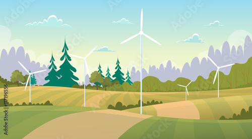 Summer View Landscape With Wind Turbine Alternative Energy Resource