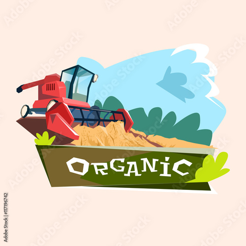 Combine Harvesting Wheat Crop In Field Organic Farming Logo