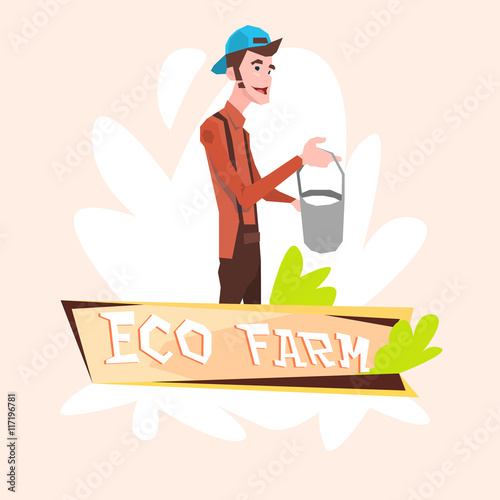 Milkman Farmer Hold Milk Pail Eco Farming Logo Concept