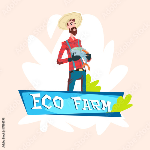 Farmer Fishman Hold Fish Eco Farming Logo Concept