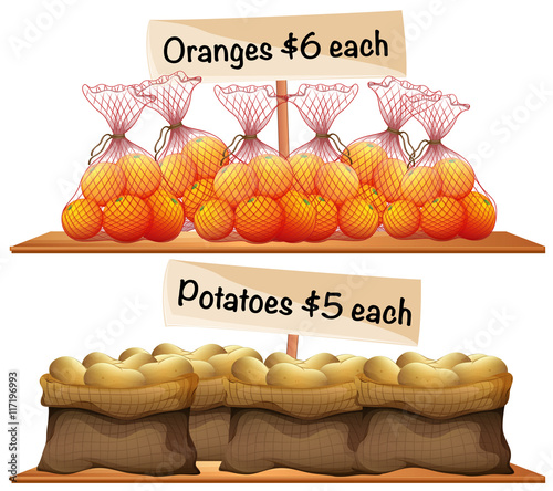 Bags of potatoes and oranges