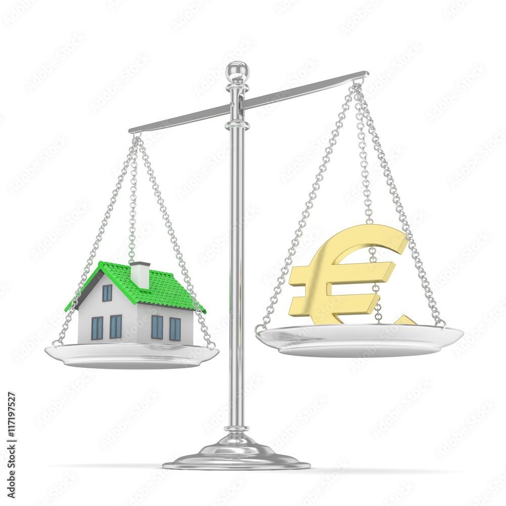 Isolated silver scales with golden euro and house on white background. Investment or savings concept. Real estate and currency. 3D rendering. Isolated silver scales with golden euro and house on white background. Investment or savings concept. Real estate and currency. 3D rendering.