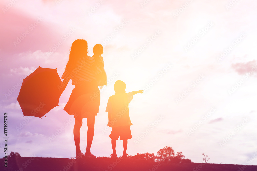 Mother holding baby walking on the sunset background.