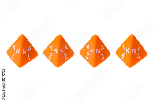 Orange four sided dice for board games