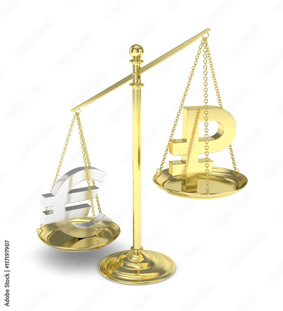 Isolated golden scales with silver euro and golden ruble currency. Russian and european finance. Measuring of market stability. 3D rendering. Isolated golden scales with silver euro and golden ruble currency. Russian and european finance. Measuring of market stability. 3D rendering.