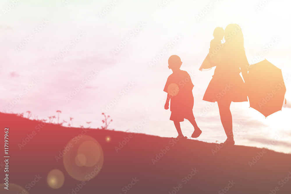 Mother holding baby walking on the sunset background.