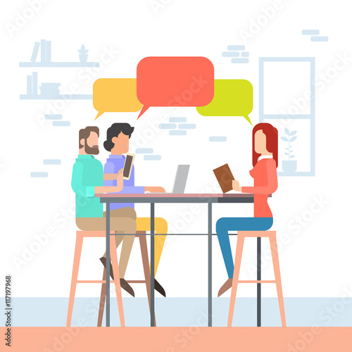 Creative Office Coworking Center People Sitting Desk Together, Students Chat Bubble University Campus