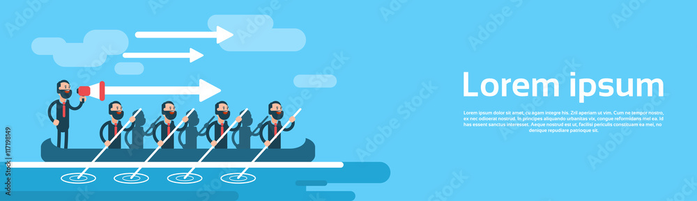 Business Man Group Team In Boat Teamwork Leadership Concept