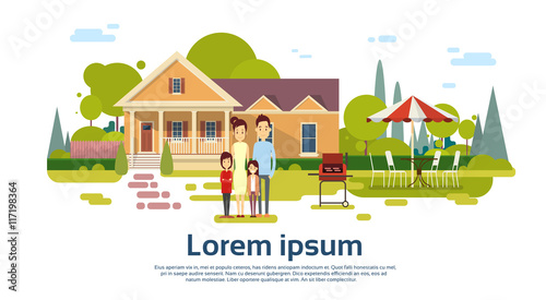 Famy Parents With Two Children Summer Picnic Outdoors House Barbecue Grill Party
