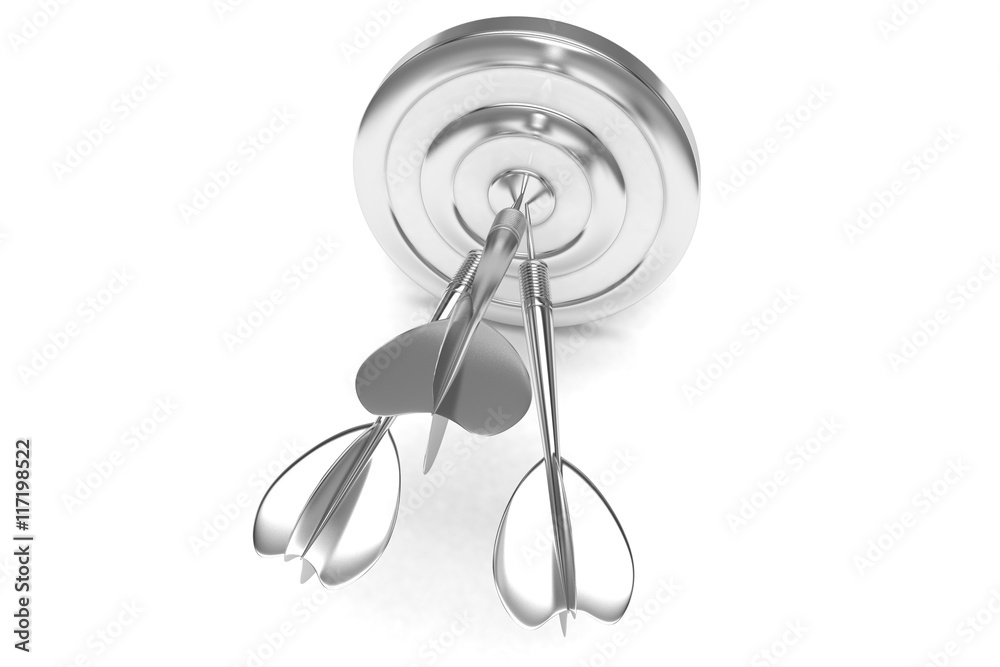 Three arrows darts in center. 3d rendering. Three arrows darts in center. 3d rendering.