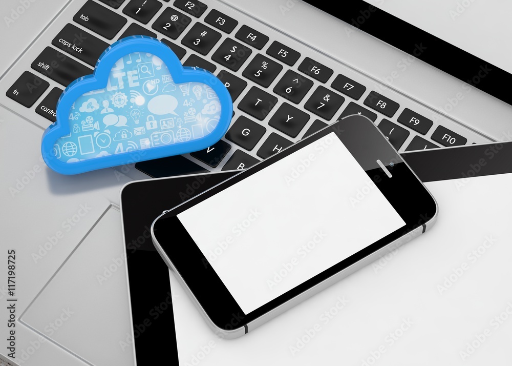 laptop, tablet pc, smart phone and cloud. 3d rendering. laptop, tablet pc, smart phone and cloud. 3d rendering.