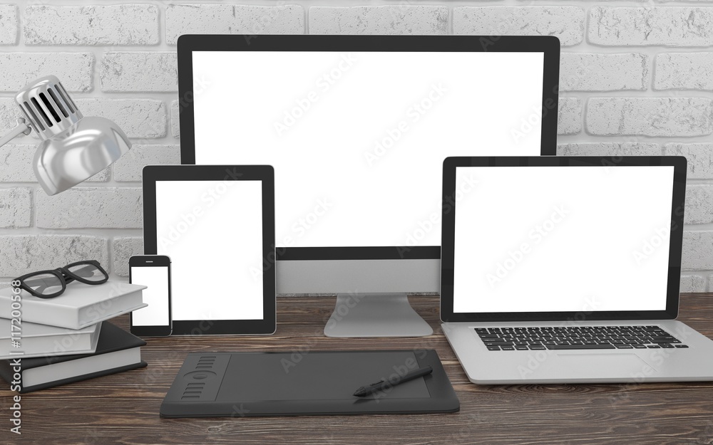 Responsive mockup screen. Monitor, laptop, tablet, phone on table in office. 3d rendering. Responsive mockup screen. Monitor, laptop, tablet, phone on table in office. 3d rendering.