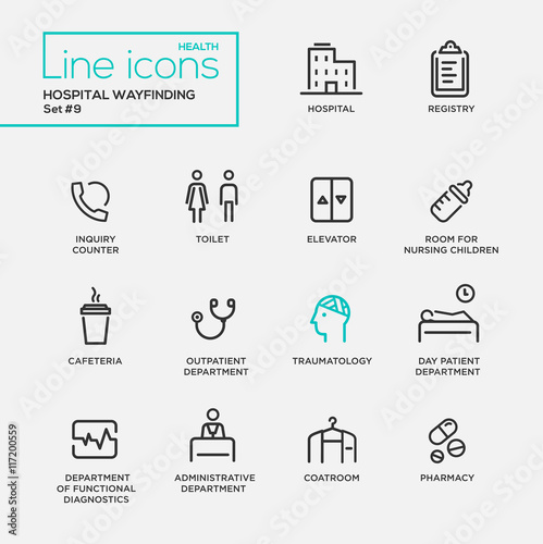Hospital wayfindings - line design pictograms set