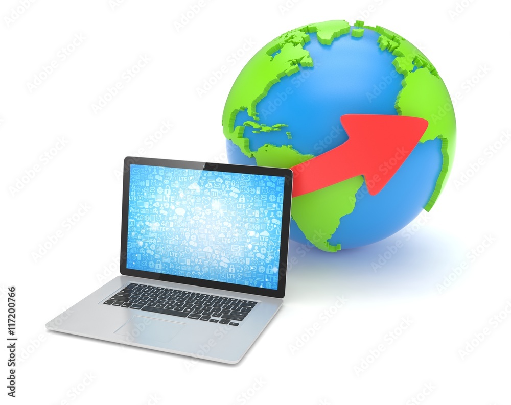 Laptop network and earth globe. 3d render Laptop network and earth globe. 3d render