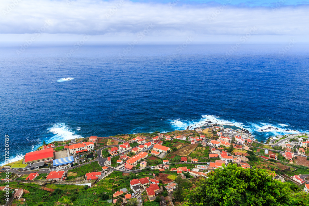 Panoramic view of Porto Moniz village on the north side of Madeira island, Portugal. 