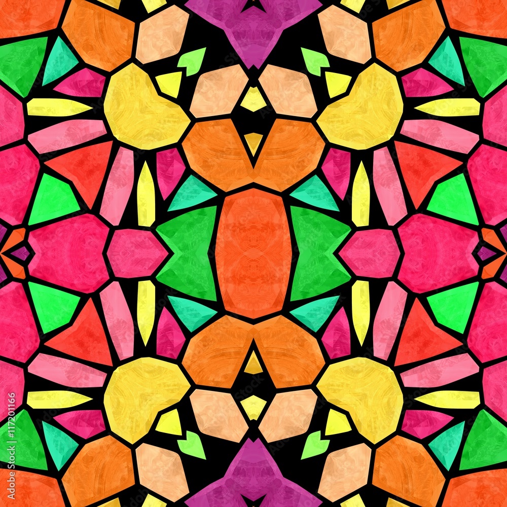 mosaic kaleidoscope seamless pattern texture background - multicolored with black grout