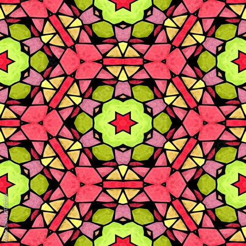 mosaic kaleidoscope seamless pattern texture background - pink green yellow colored with color black grout