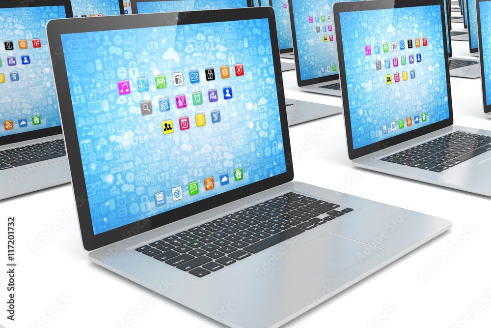 many laptop on white background. 3d rendering. many laptop on white background. 3d rendering.