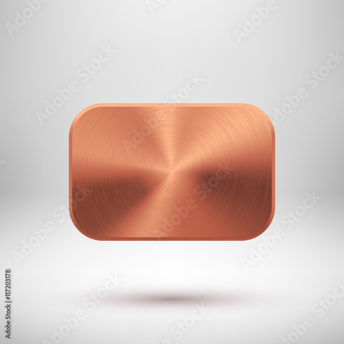 Bronze abstract rectangle badge, blank button template with metal texture, chrome, silver, steel, copper, rust and realistic shadow for logo, design concepts, prints, web. Vector illustration.