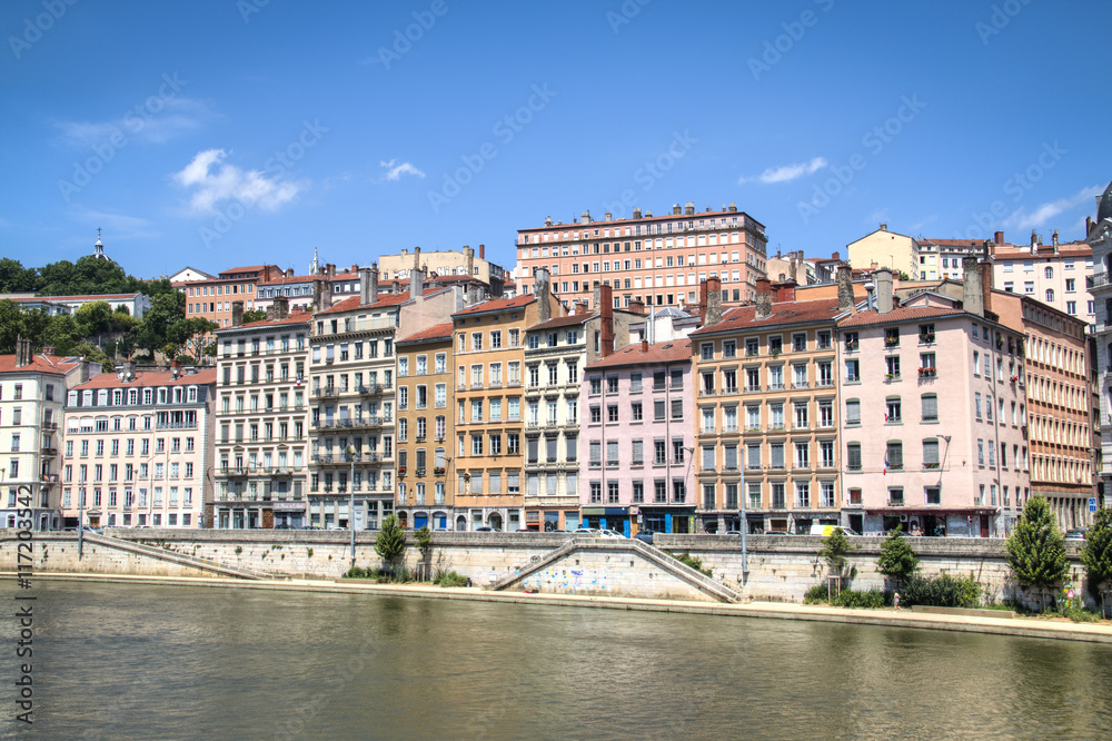Colorful houses on the banks of the Saone river in Lyon, France
