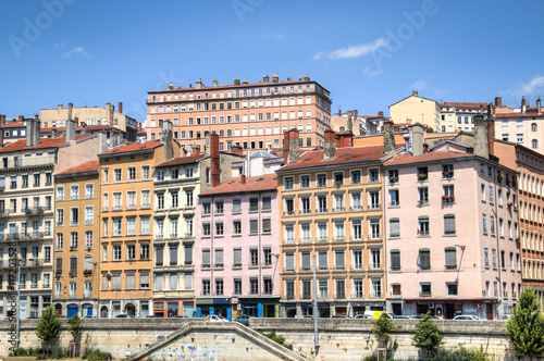 Colorful houses on the banks of the Saone river in Lyon, France 