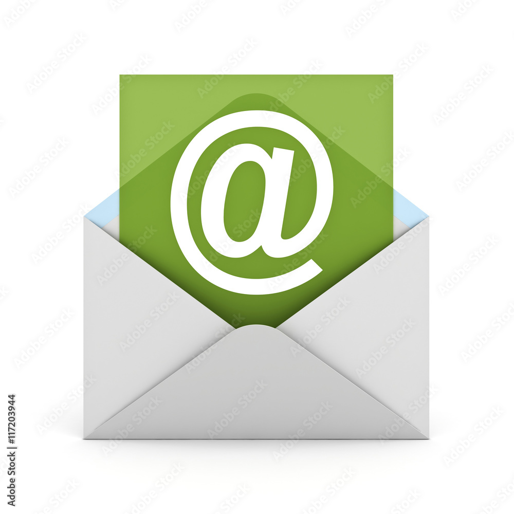 White at sign mail on green paper in envelope E mail concept isolated on white background with reflection White at sign mail on green paper in envelope E mail concept isolated on white background with reflection