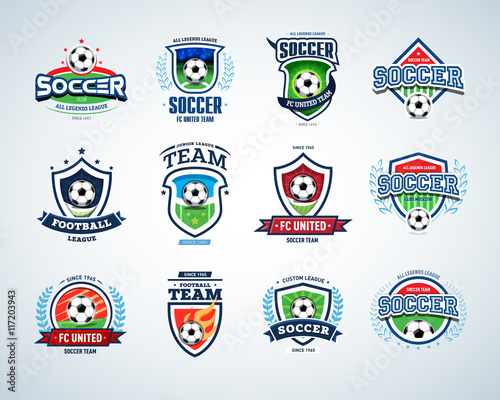Soccer logo templates set. Football logotypes. Set of soccer football crests and logo template emblem designs, logotypes design concepts of football icons. Collection of Soccer Themed T shirt Graphics