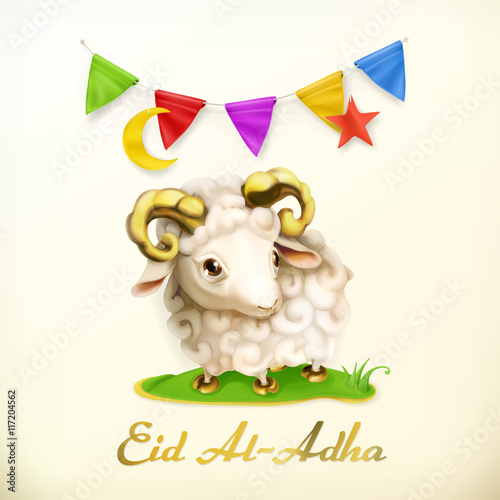 Muslim holiday Eid Al-Adha. Islamic culture. Greeting card with sheep. Vector background