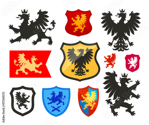 Shield with griffin, gryphon, eagle vector logo. Coat of arms, heraldry set icons