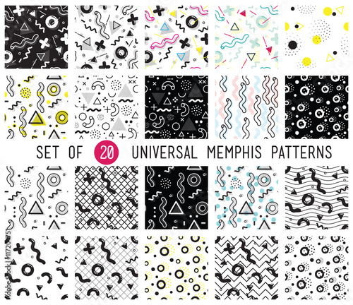 Geometric memphis seamless patterns set