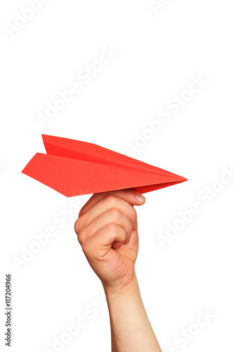 Paper airplane in  hand on white background