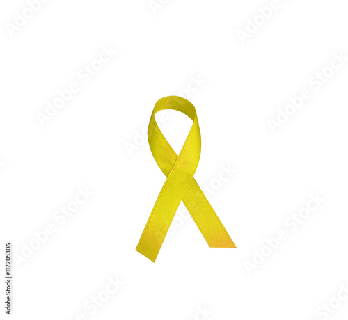 Cancer, bone sarcoma, the awareness of the yellow ribbon logo is a symbolic increase of support in the lives of people living W/ neoplastic diseases/ illness. Yellow tape isolated on white background.