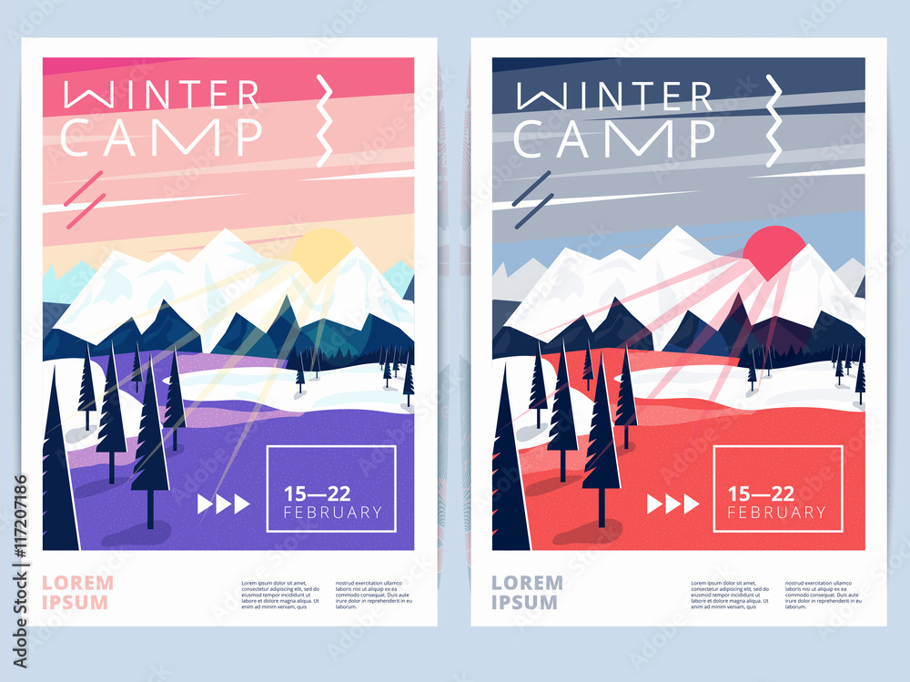 Set of winter hiking camp poster or flyer. Vector snow background