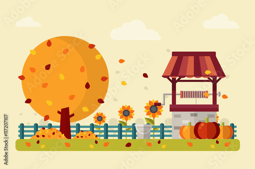 Fototapeta Naklejka Na Ścianę i Meble -  Autumn Landscape with Water Well, Sunflower, Pumpkins, Tree and Leaves. Flat design Style. 