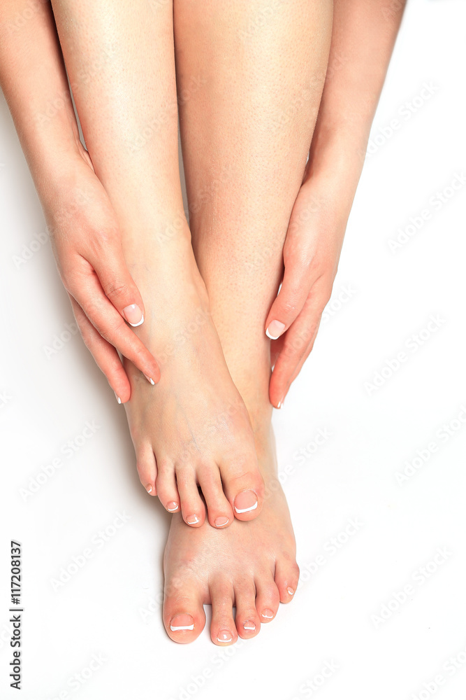 Beautiful feet with perfect spa french nail pedicure Beautiful feet with perfect spa french nail pedicure