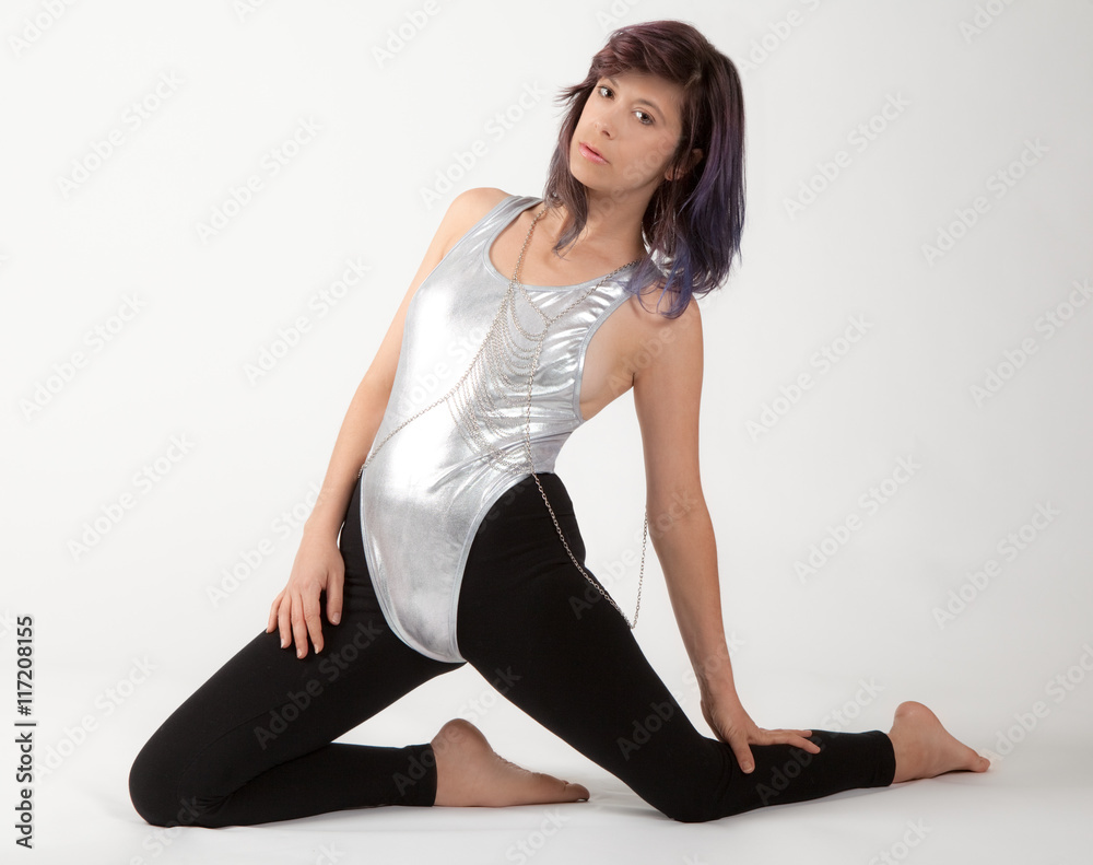 Fit Woman in Shiny Silver Leotard and Black Leggings Stock Photo | Adobe  Stock