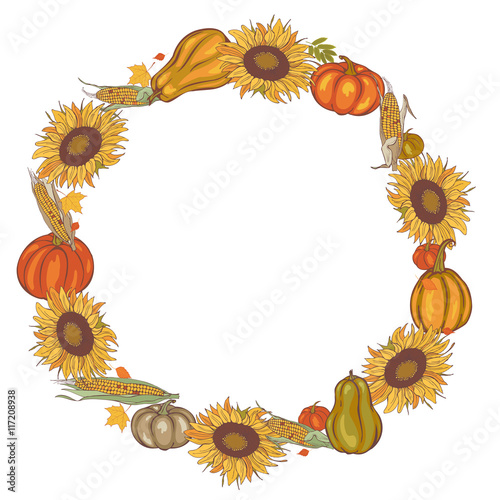 Autumn wreath of corn, sunflower and pumpkin,